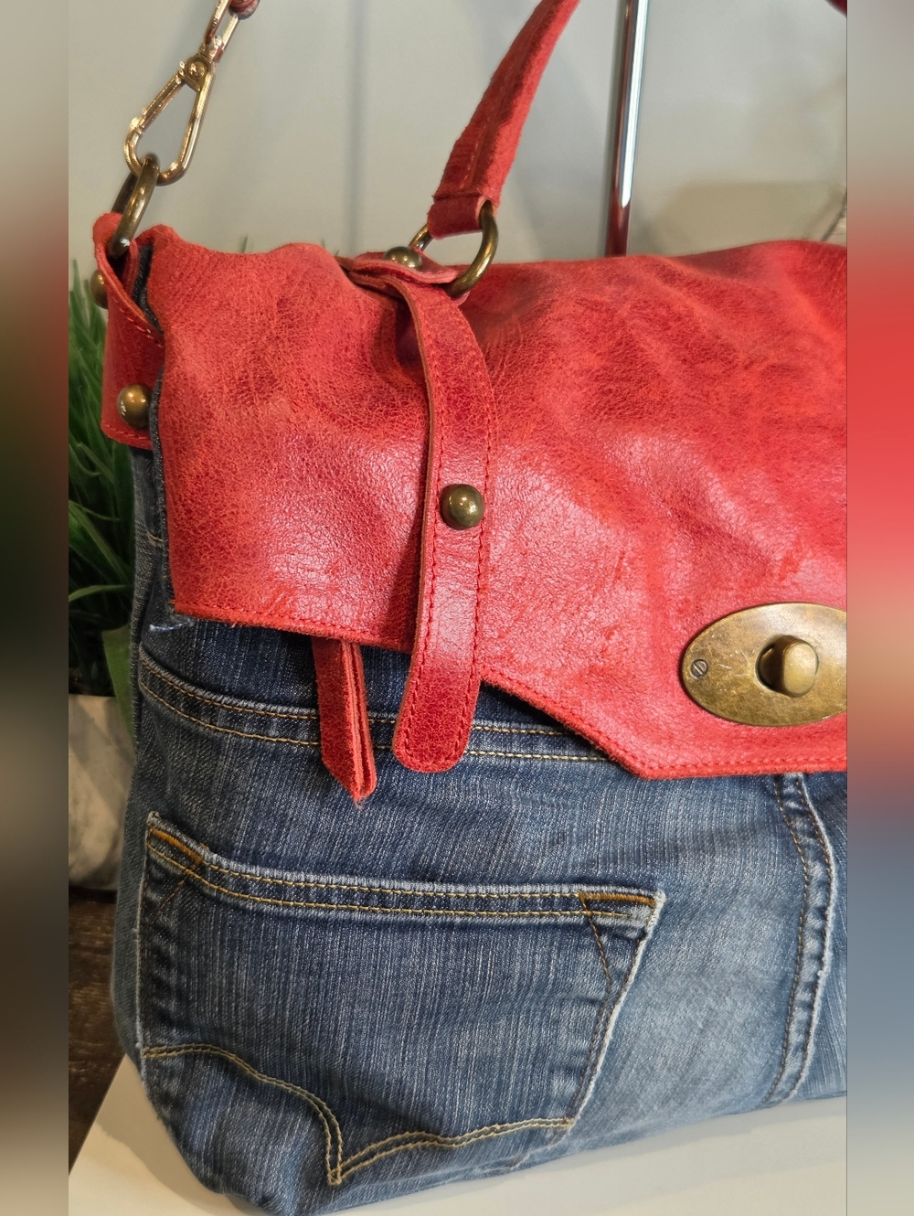 Levi's Denim & Red Italian Leather Convertible Handbag - Picture 2 of 12